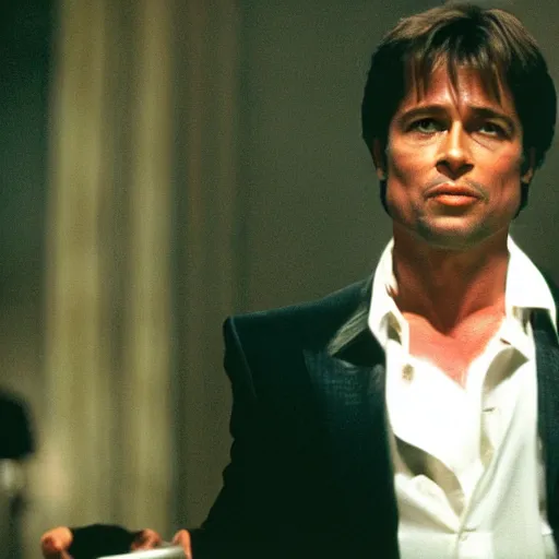 Prompt: film still of Brad Pitt as Tony Montana in Scarface