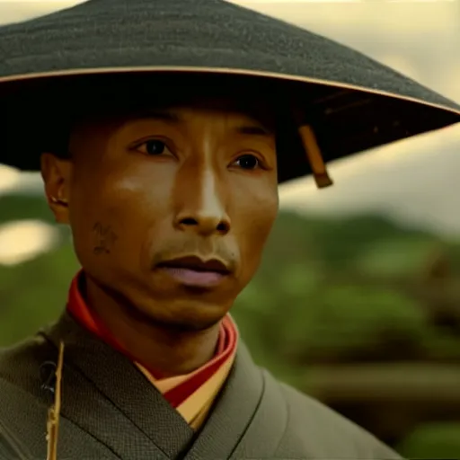 Image similar to cinematic film still Pharrell Williams starring as a Samurai holding fire, Japanese CGI, VFX, 2003, 40mm lens, shallow depth of field,film photography