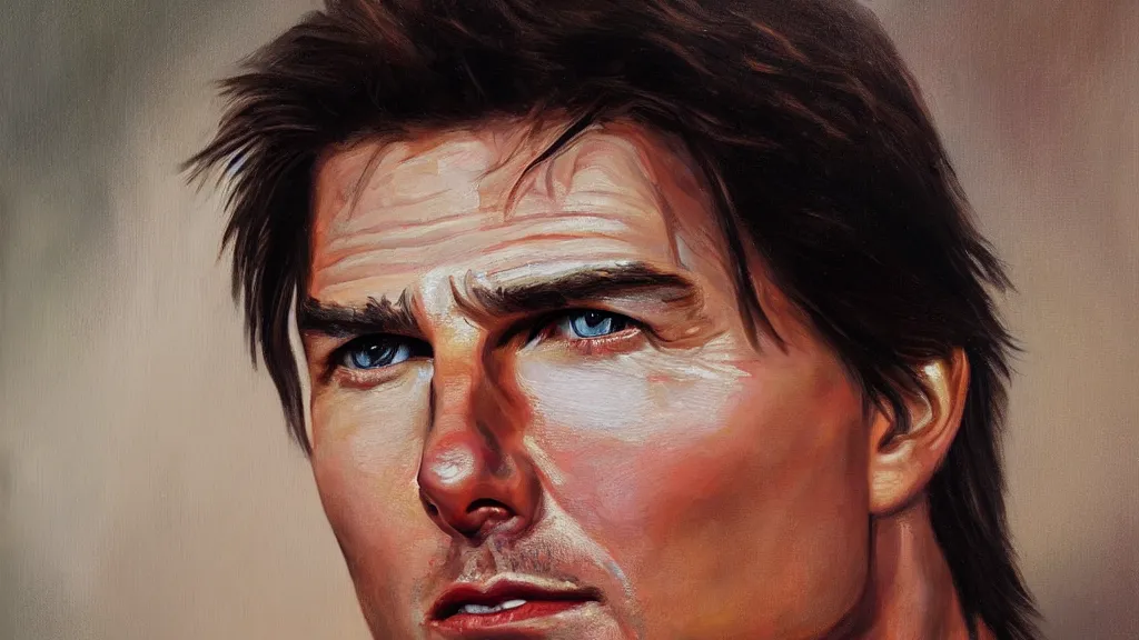Image similar to A portrait painting of Tom Cruise; the most beautiul painting in the world; trending on artstation; oil on canvas; correct face; correct eyes; anatomically correct; extraordinary masterpiece!!!!!!; 8k