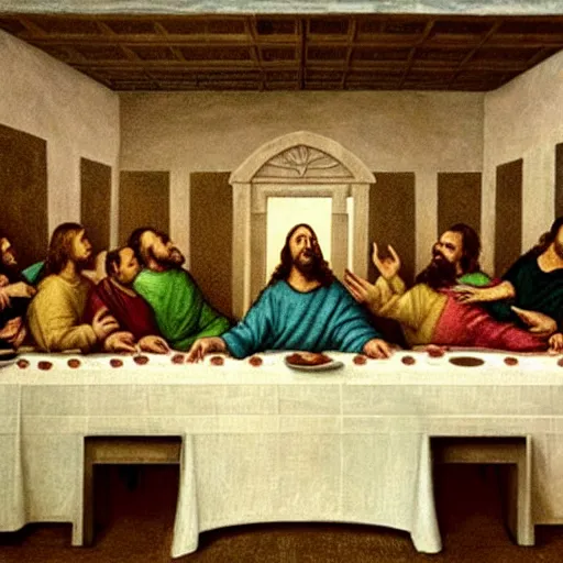 Prompt: nic cage in the last supper as painted by george w bush