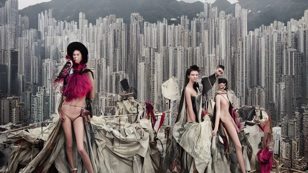 Prompt: fashion editorial by jimmy nelson. on a roof in center hong kong