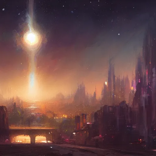 Image similar to Concept art, beautiful painting of a cat, shining its light among stars, wandering around a metropolis city, 8k, james gurney, greg rutkowski, john howe, artstation