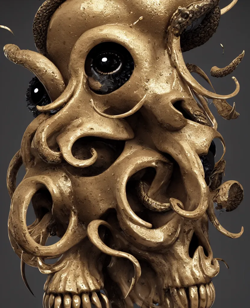 Image similar to goddess princess face close-up portrait ram skull. sculpture made of black clay and gold. jellyfish phoenix head, nautilus, orchid, skull, betta fish, bioluminiscent creatures, intricate artwork by Tooth Wu and wlop and beeple. octane render, trending on artstation, greg rutkowski very coherent symmetrical artwork. cinematic, hyper realism, high detail, octane render, 8k