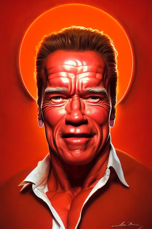 Image similar to arnold schwarzenegger in a tomato soup, hyper detailed, digital art, artstation, cinematic lighting, studio quality, smooth render, by peter mohrbacher, hajime sorayama, wayne barlowe, boris vallejo, aaron horkey, gaston bussiere, craig mullins