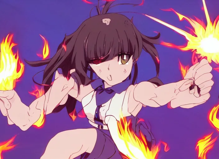 Image similar to in the style of Madhouse anime, girl shooting fireballs, at a dragon, battle pose, perfect hands