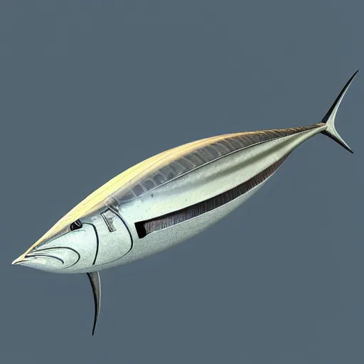 Prompt: Tuna shaped spaceship, elegant, futuristic, fish, 3d render