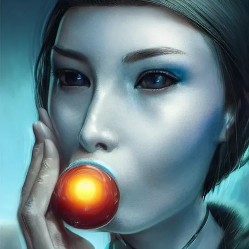 Prompt: a realistic detailed beautiful portrait of a cybernetic woman eating a big glowing orb, mouth open, cyberpunk concept art, digital art, highly detailed, intricate, sci-fi, sharp focus, Trending on Artstation HQ, deviantart, unreal engine 5, 4K UHD image, hyperrealistic, photorealistic, art by artgerm and greg rutkowski and alphonse mucha