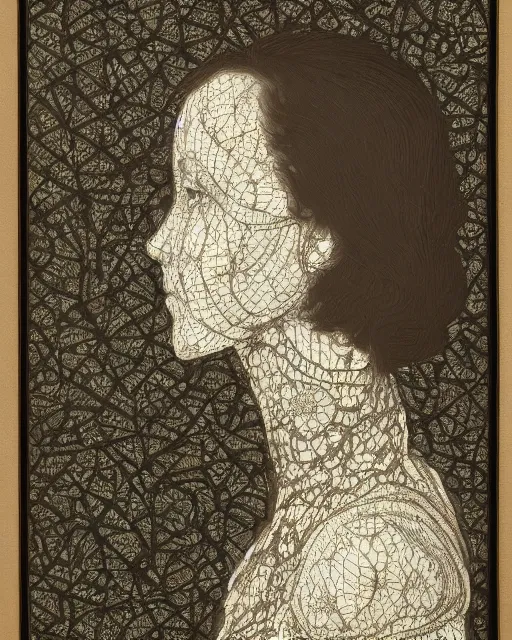 Image similar to a woman's face in profile, wearing a collared shirt, made of intricate decorative lace leaf skeleton, in the style of the dutch masters and gregory crewdson, dark and moody