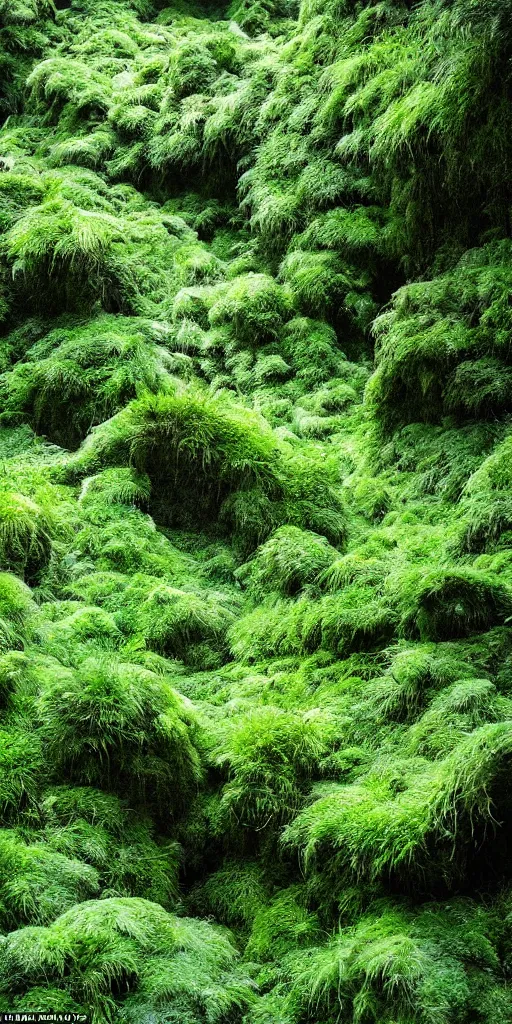 Prompt: a fertile, lush mossy canyon, ferns, minimalist structure, covered in ice, in the style of reuben wu, roger deakins