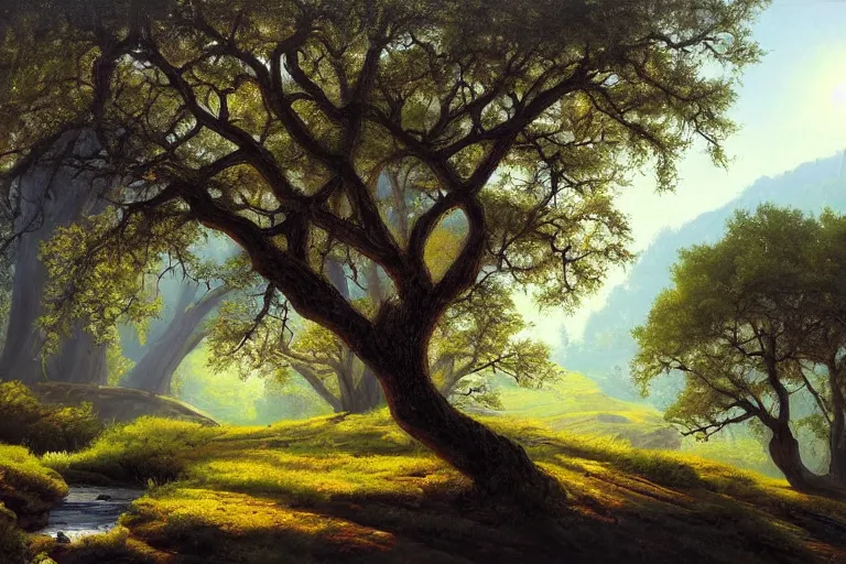 Image similar to masterpiece painting of oak trees on a hillside overlooking a creek, dramatic lighting, by tyler edlin