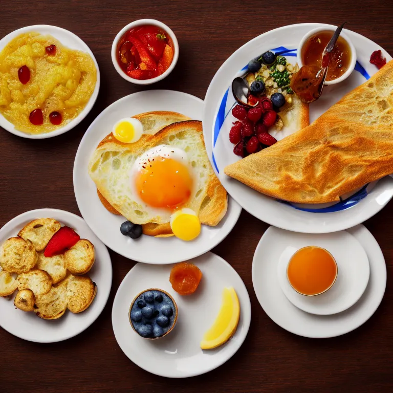 Prompt: close - up focused dslr photograph of an israeli breakfast, 8 k, high detail, volumetric lighting, hyperrealism, aesthetically pleasing, studio lighting, trending