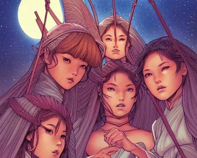 Prompt: fantasy comic cover art of a ( ( trio of village girls ) ) sitting on a dock, detailed faces, illustration by jenny frison and sana takeda and kenichi sonoda, intricate details, stunning inking lines, stunning gradient colors, 4 k, hd, artstation, award winning