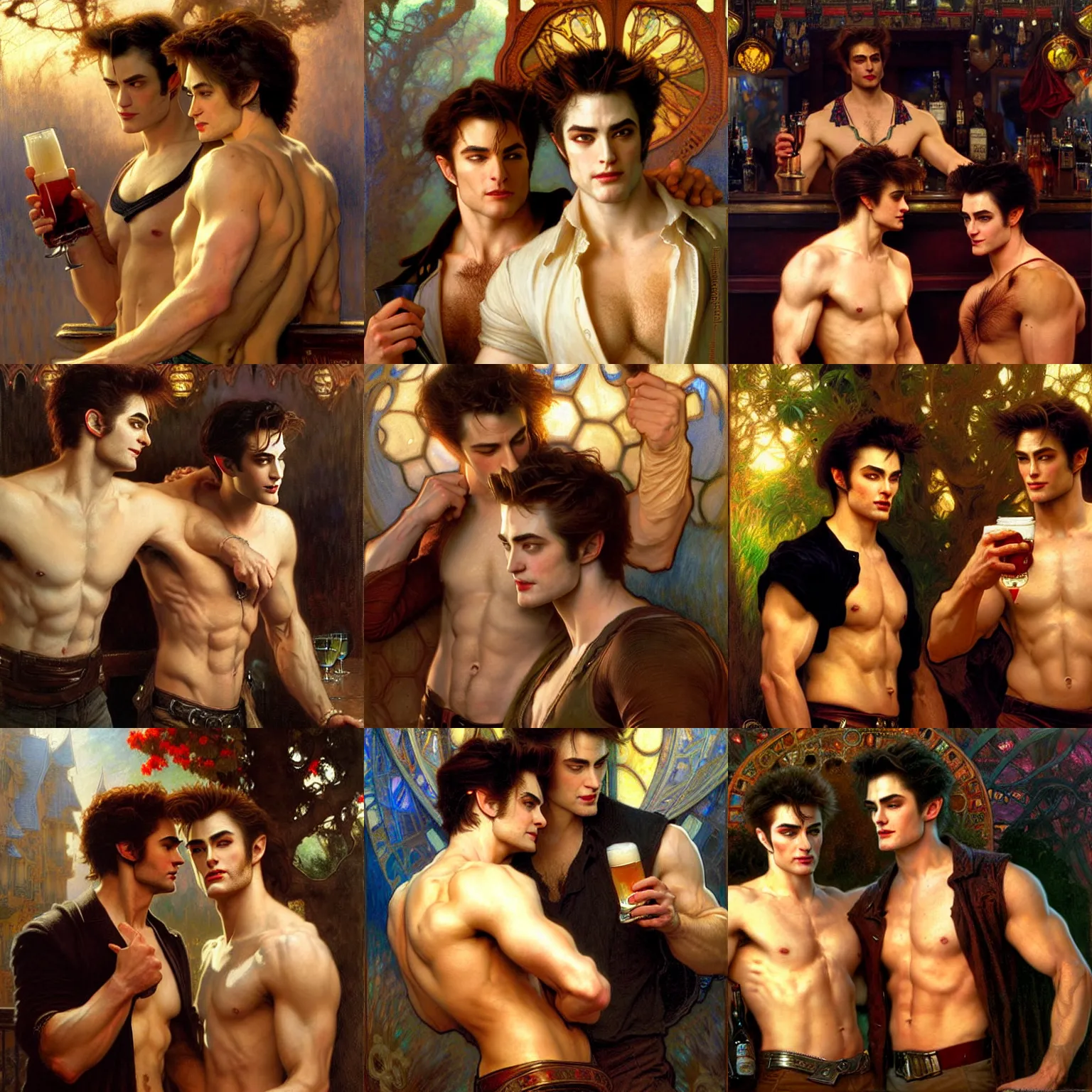 Prompt: attractive muscular neil breen and muscular attractive edward cullen go to a pub together to have some drinks. highly detailed painting by gaston bussiere, craig mullins, j. c. leyendecker, alphonse mucha 8 k