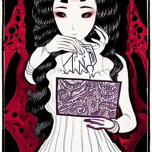 Image similar to a drawing of a woman holding a card, a character portrait by yuumei, featured on pixiv, rococo, tarot card, freakshow, rococo