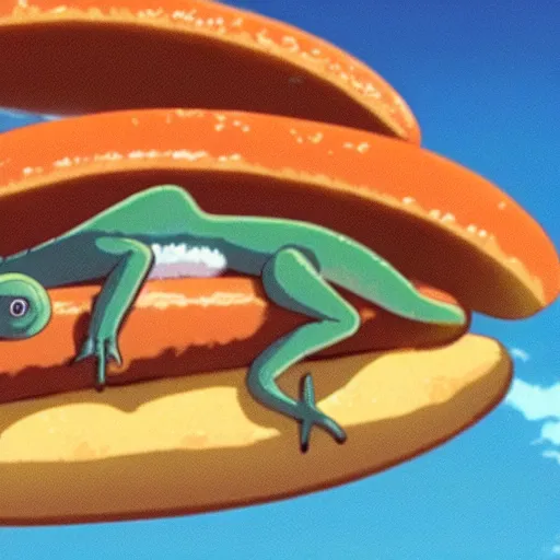 Prompt: a chameleon atop a hot dog, Makoto Shinkai, Studio Ghibli