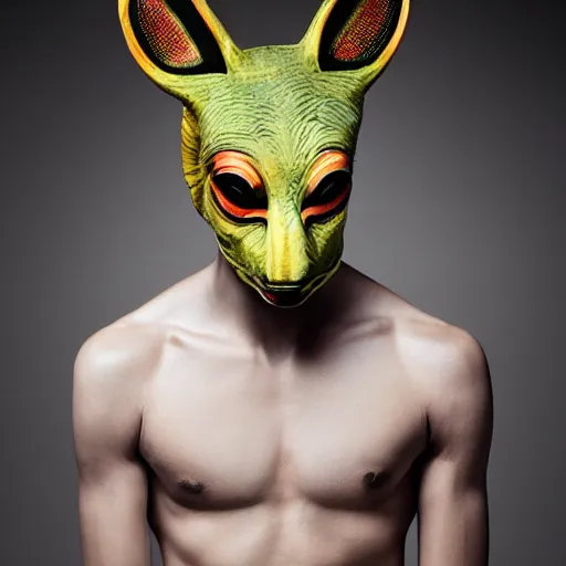 Prompt: an slim athletic beautiful male alien with ombre colored skin wearing a fine arts kitsune mask, photographed by erwin olaf for a fine art gallery