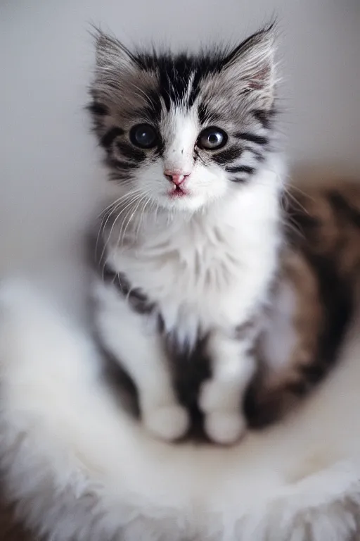 Image similar to “ fluffy kitten lying on cat tree, cozy living room, warm, cotton, dramatic lighting, extremely high quality, leica m - a, lux 3 5 fle, portra 8 0 0 ”