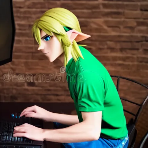 Image similar to link from zelda using computer, stock image