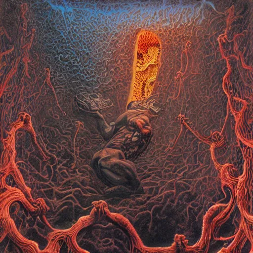 Image similar to a grand scale matte painting of a skinned man in hell by clive barker and alex grey and michael whelan