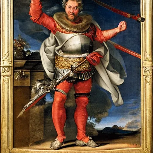 Prompt: donald trump, wearing knight ’ s armor, holding a spectacular broadsword, by annibale carracci, two arms, two legs