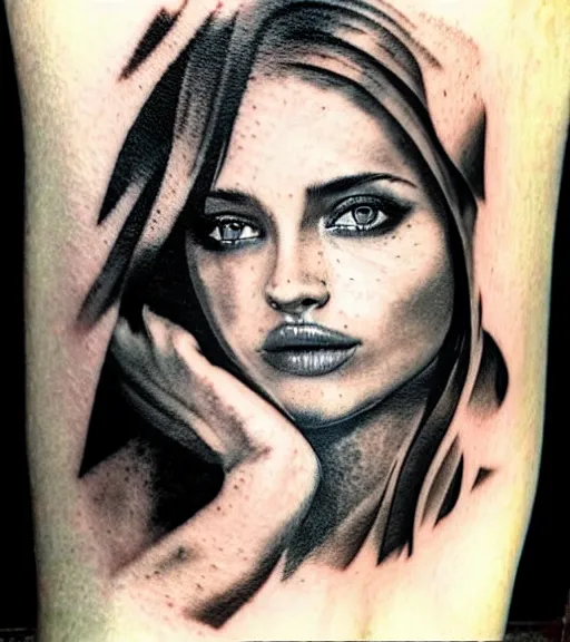 Image similar to tattoo design sketch of a beautiful girl portrait faded in a mountain background, in the style of den yakovlev, realistic face, black and white, realism tattoo, hyper realistic, highly detailed