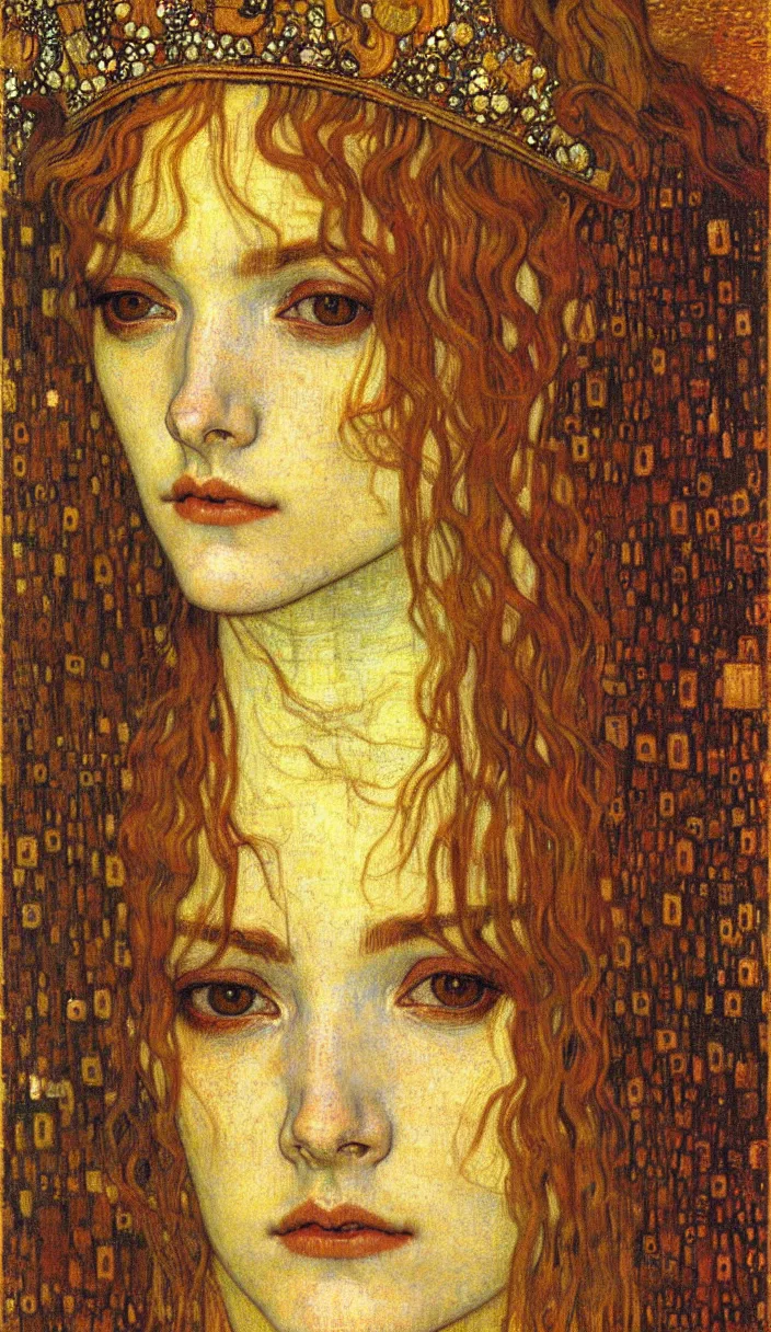 Image similar to detailed realistic beautiful young medieval queen face portrait by jean delville, gustav klimt and vincent van gogh, art nouveau, symbolist, visionary, gothic, pre - raphaelite, muted earthy colors, desaturated