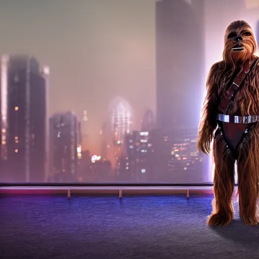 Image similar to a still of Chewbacca, studio lighting, 4K. Shallow depth of field. City at night in background, lights, colors.