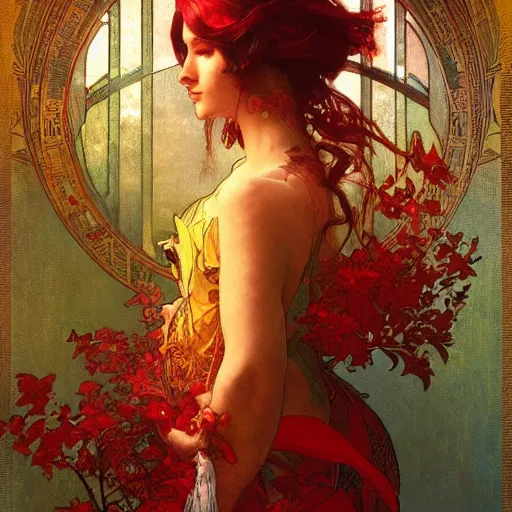 Prompt: the beautiful solarpunk phoenix, aesthetic red bird, volumetric light, bokeh, painting by greg rutkowski by alphonse mucha