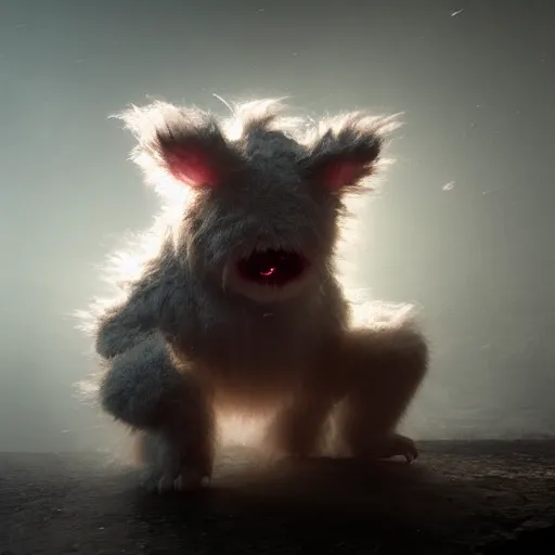 Image similar to full body pose, hyperrealistic photograph of a cute fuzzy monster, dim volumetric lighting, 8 k, octane beautifully detailed render, extremely hyper detailed, intricate, epic composition, cinematic lighting, masterpiece, trending on artstation, very very detailed, stunning, hdr, smooth, sharp focus, high resolution, award, winning photo, dslr, 5 0 mm