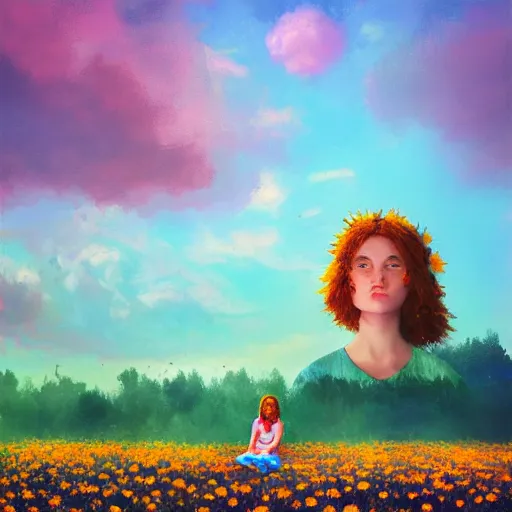 Image similar to giant daisies flower as head, girl sitting in a flower field, surreal photography, sunrise, dramatic light, impressionist painting, colorful clouds, digital painting, artstation, simon stalenhag