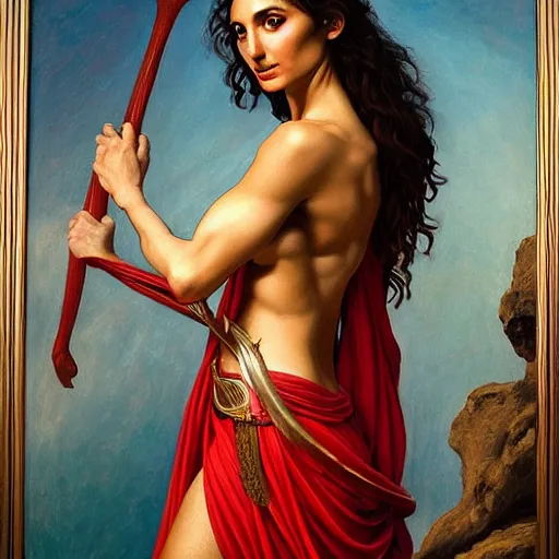 Image similar to Full body oil painting of the beautiful woman Gal Gadot, she is wearing some withe ancient greek cloths and a surreal ornate, her hair is natural disheveled, naturalism, dramatic lighting, high-detailed oil painting by Ilya Repin, Michelangelo da Caravaggio, William Blake, Alex Grey and Beksinski, trending on Artsatio, masterpiece, 4k, 8k,