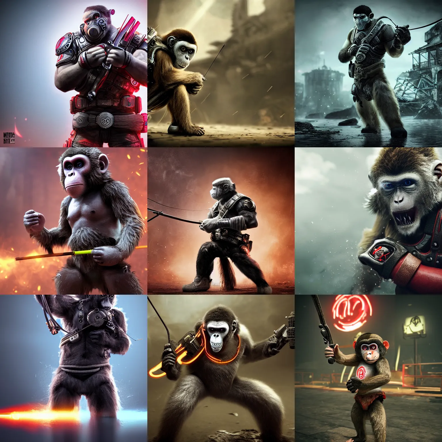 Prompt: cute lonely martial arts monkey, gears of war, hold mechanical bow and arrow, wearing off - white style, with depth of field octane, neon hand sports bracelet, standing on the water ground, with mad max style, smoke war, comic paint, anorld render, unreal engine render, vfx, octane render, highly quality, artstation, 4 k,