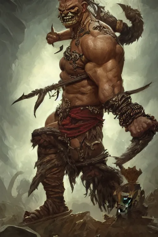 Image similar to portrait of a hulking herculean orc demon barbarian pirate, male, masculine, upper body, belt of skulls, fantasy, frown,, intricate, elegant, highly detailed, digital painting, artstation, concept art, sharp focus, illustration, art by artgerm and greg rutkowski and alphonse mucha