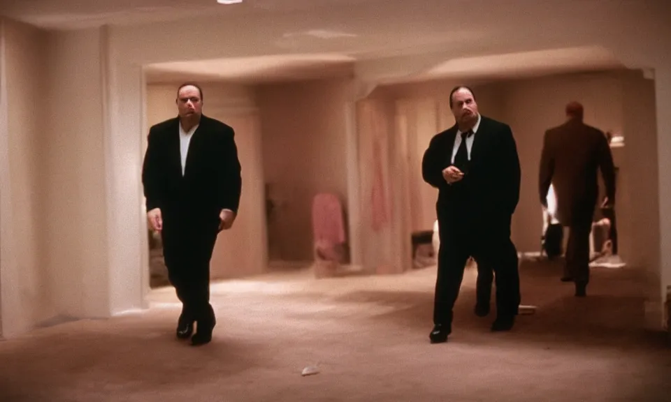 Prompt: still image of tony soprano running through the backrooms with a frightened look on his face, close up, wide angle, unsettling, offputting, cinestill 8 0 0 t