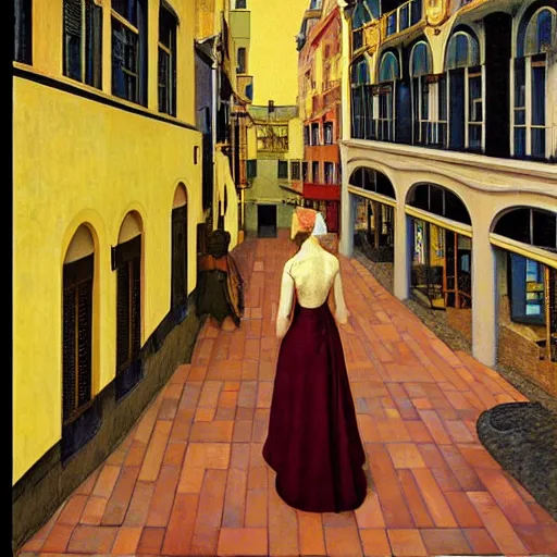 Prompt: a woman in a medieval city, hyperrealistic film still by edward hopper, by gottfried helnwein, by klimt, by paolo uccello, by johfra bosschart, art nouveau, highly detailed, strong lights, liminal, eerie, symbolist, bright pastel colors