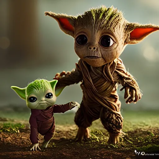 Prompt: babyyoda ( 2 0 2 1 ) and babygroot ( 2 0 1 7 ) are friends. photorealistic, digital art, epic fantasy, dramatic lighting, cinematic, extremely high detail, cinematic lighting, trending, artstation, cgsociety, 3 d ue 5, 4 k, hq