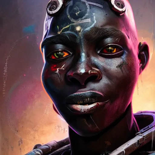 Prompt: a dark and ominous cyborg african child soldier with glowing eyes and facial scarification marks, Apex Legends character digital illustration portrait design, by android jones and greg rutkowski in a cyberpunk voodoo style, synthwave color scheme, detailed, cinematic lighting, wide angle action dynamic portrait