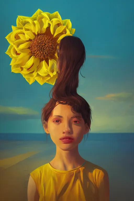 Image similar to closeup girl with huge yellow dahlia flower face, beach, surreal photography, blue sky, sunrise, dramatic light, impressionist painting, digital painting, artstation, simon stalenhag