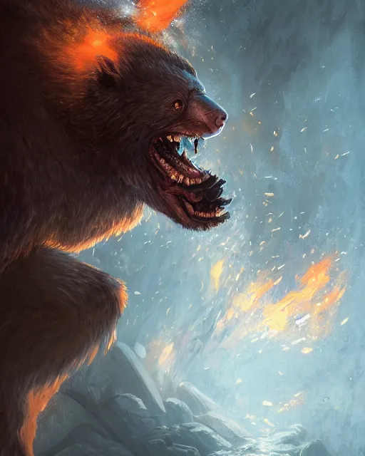 Image similar to Laughing Bear Musician, Fireplace, magic the gathering artwork, D&D, fantasy, cinematic lighting, centered, symmetrical, highly detailed, digital painting, artstation, concept art, smooth, sharp focus, illustration, volumetric lighting, epic Composition, 8k, art by Akihiko Yoshida and Greg Rutkowski and Craig Mullins, oil painting, cgsociety