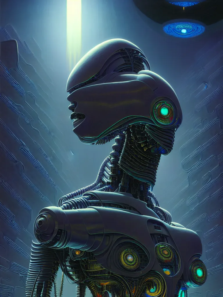 Prompt: robot torso, symmetry, faded colors, exotic alien features, cypherpunk background, tim hildebrandt, wayne barlowe, bruce pennington, donato giancola, larry elmore, masterpiece, trending on artstation, featured on pixiv, cinematic composition, beautiful lighting, sharp, details, hyper detailed, 8 k, unreal engine 5