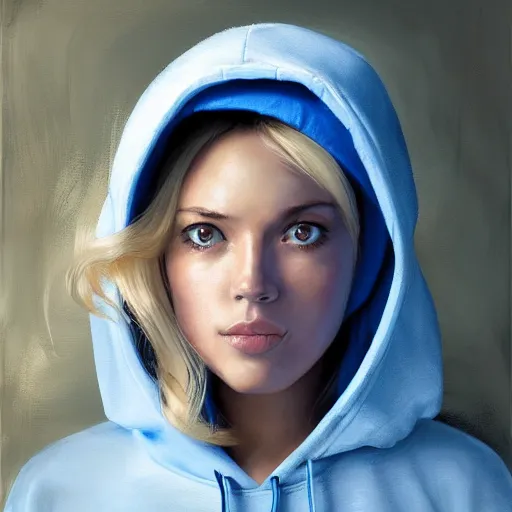 Prompt: greg manchess portrait of a beautiful girl with blonde hair, wearing a blue hoodie, medium shot, white background, asymmetrical, profile picture, organic painting, matte painting, bold shapes, hard edges, street art, trending on artstation, by huang guangjian and gil elvgren and sachin teng and wlop and rossdraws and greg rutkowski