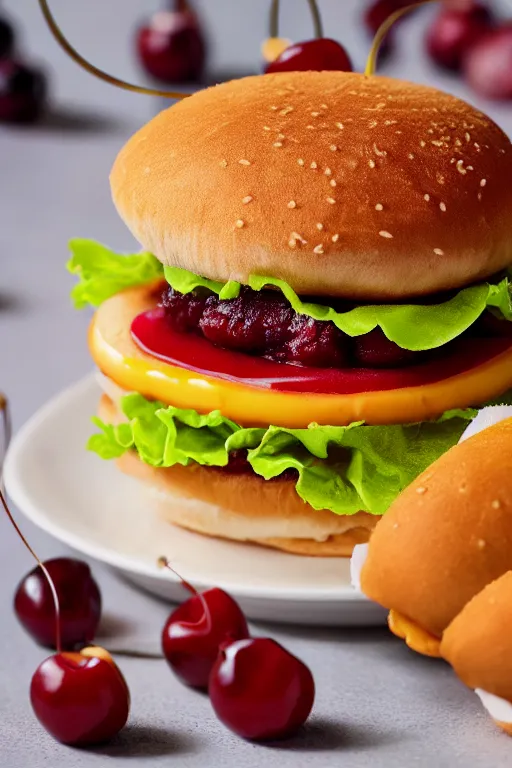 Image similar to mcdonalds hamburger covered in cherries, commercial photography