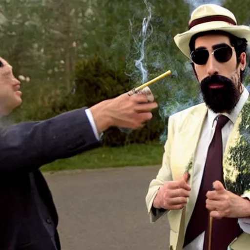 Image similar to Sacha Baron Cohen as borat smoking a giant rolled cannabis cigarette, smoke, 8k, hyper-detailed, cinematic