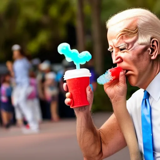 Image similar to a caricature of Joe Biden drinking a slushie at disney world