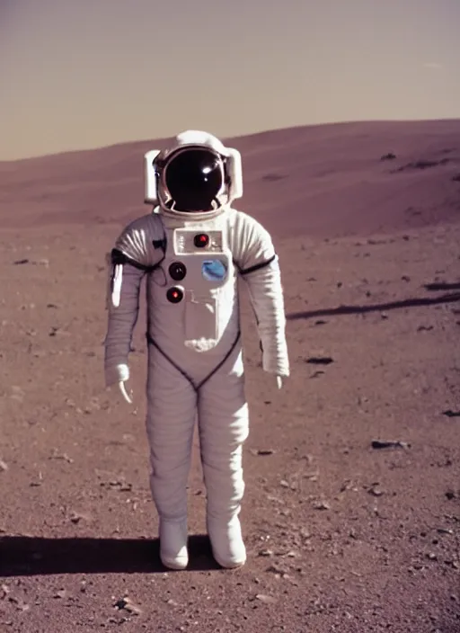 Image similar to futuristic astronaut standing in front of mars colony in the future, 35mm