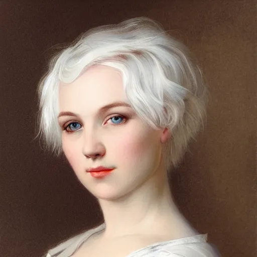 Prompt: portrait of a woman with short white hair, medium shot, illustration, highly detailed, high quality, by sophie anderson