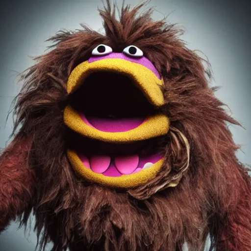 Image similar to a still of a forgotten muppet character looking very manly and modern, hilarious, laughing, hairy chest, huge chin, manly monster tough guy, roughled fur, photo real, photographic, photograph, artstation, trending, featured