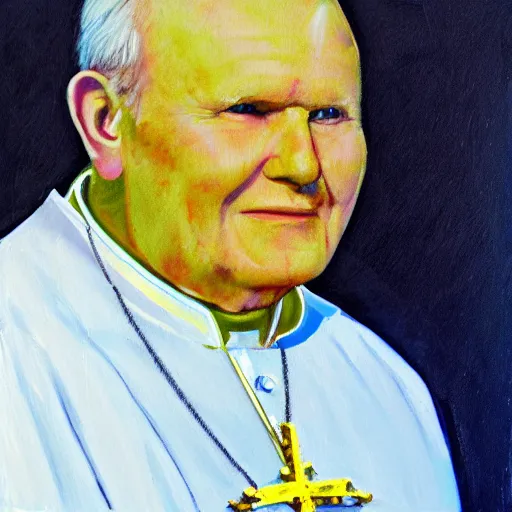 Image similar to award - winning painting of john paul ii with yellow skin, blue background