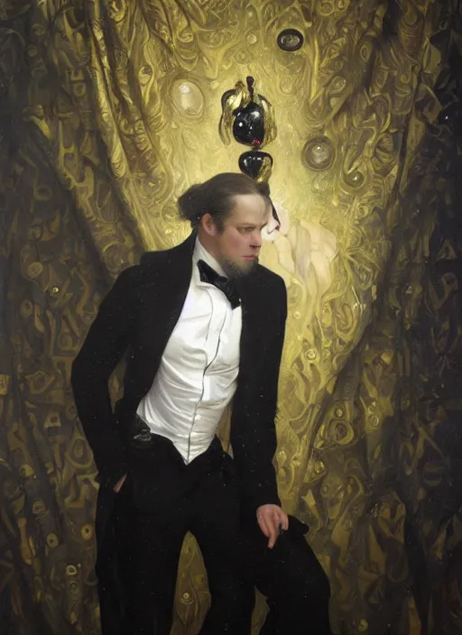 Image similar to highly detailed oil painting | very intricate | cinematic lighting | black, white and gold color scheme, dark background | the business man by alexander mcqueen | by roberto ferri, by gustav moreau, by singer sargent and klimt, american romanticism, occult art | by austin osman spare, artstation, cgsociety, official art, octane