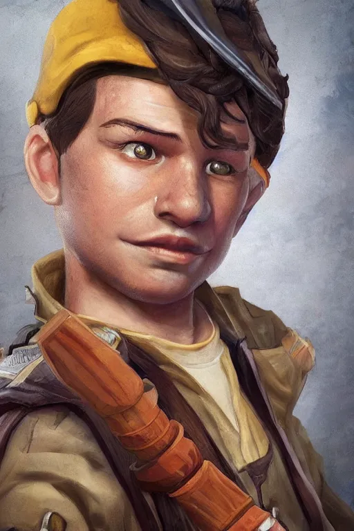 Image similar to beautiful highly detailed realistic stylized portrait of a small boy with a wooden sword, team fortress 2, fortnite, torchlight, heartstone, detailed character art, portrait, trending on artstation